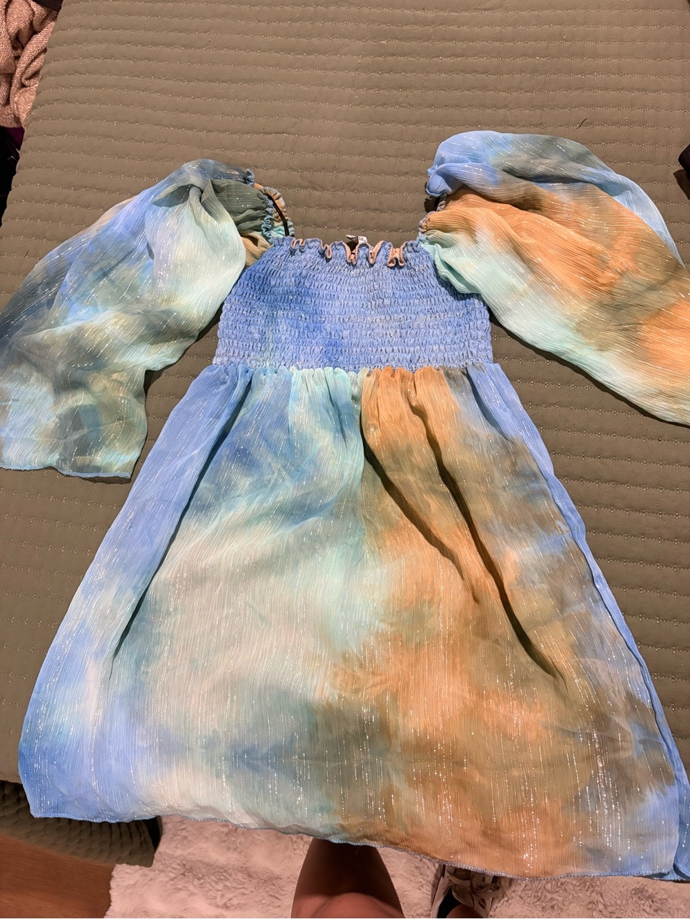 Smocked Off-Shoulder Tie-Dye Blouse in Blue & Orange